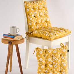 SKANDA FAB 3Pc Mustrad-Yellow & White Floral Printed 100% Cotton Chair Pad-10