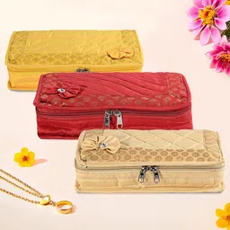 Kuber Industries Gold-Toned & Red 3 Pieces Embroidered Jewellery Organisers-65