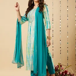 DIVASTRI Abstract Printed Round Neck Straight Kurta With Trouser And Dupatta image 5