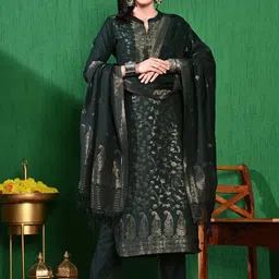 Sangria Paisley Woven Design Mandarin Collar Regular Zari Kurta With Trousers and Dupatta-picture-10