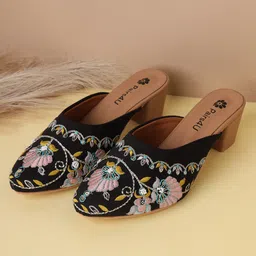 Pairs4U Women Ethnic Embellished Pointed Toe Block Heeled Mules-6