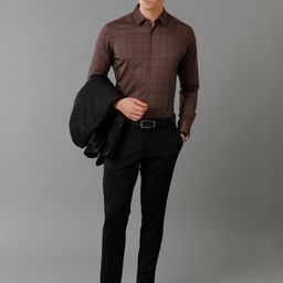 The Collection Checked Spread Collar Long Sleeves Classic Slim Fit Satin Shirt-image-54
