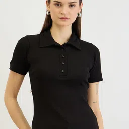 ZUMMER Women Ribbed Shirt Collar Top-picture-4