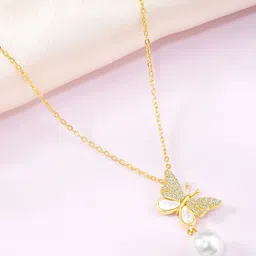 Peora Gold-Plated CZ-Studded & Pearls Beaded Butterfly Shaped Pendant With Chain-picture-21