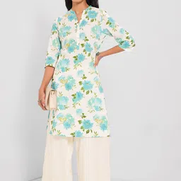RANGMANCH BY PANTALOONS Floral Printed Mandarin Collar Pure Cotton Straight Kurtas-picture-42