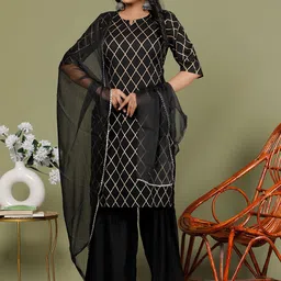 ROOTSOUL Geoemtric Printed Notch Neck Straight Kurta With Palazzos & Dupatta-image-81
