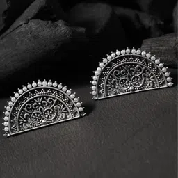 Sangria Silver-Plated Artificial Beaded Geometric Shaped Oxidised Half Moon Studs-13