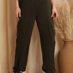HERE&NOW Women Olive Cotton Cargos Trousers-picture-16