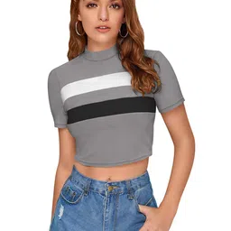 ODETTE Striped High Neck Crepe Fitted Crop Top-picture-53