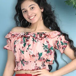 Cutiekins Floral Print Off-Shoulder Puff Sleeve Crop Top-25