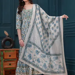 Da Vastraagaar Women Floral Printed Regular Pure Cotton Kurta with Trousers & With Dupatta-picture-32