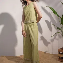 Vara By Vishudh Embroidered Round Neck Top With Trouser Co-Ords-image-99