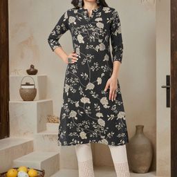 FASHOR Floral Printed Mandarin Collar Kantha Work Straight Kurta-13