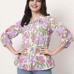 Yufta Floral Printed Shirt Collar Puff Sleeve Cotton Shirt Style Top-picture-31