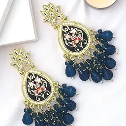 FEMMIBELLA Gold-Plated Kundan Studded Meenakari Teardrop Shaped Drop Earrings-51