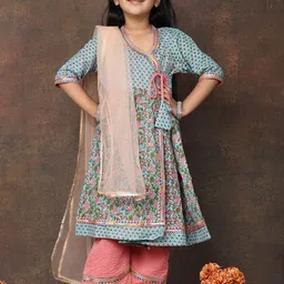 Here&Now X Kinder Kids Girls Floral Printed Cotton Anarkali Kurta with Palazzo & Dupatta-picture-11