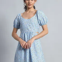 Mehrang Women Floral Printed Puff Sleeve Fit & Flare Mini Dress-image-6
