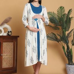 Moms Maternity Women Ethnic Motifs Printed Cotton Maternity Fit & Flare Midi Dress-image-69