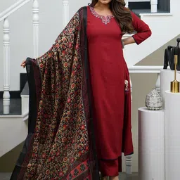 BAESD Floral Yoke Design Notch Neck Zari A-Line Kurta With Trousers & Dupatta-35