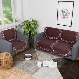 Kuber Industries Brown & Pink 6 Pieces Printed Velvet 3 Seater Sofa Covers-image-67