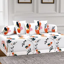 Aura Set Of 6 White & Red Printed Floral TC Cotton Diwan Set-9
