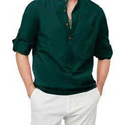 SHOPYCLICK Men's Solid Black Cotton Blend Straight Kurta-image-49