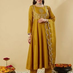 Moda Rapido Women Floral Embroidered Empire Anarkali Kurta With Trousers & Dupatta-image-12