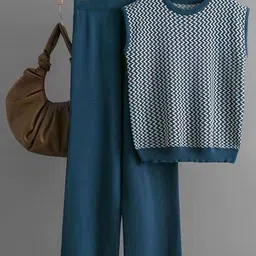 Alamode By Akanksha Blue Robert Knitted Pure Cotton Co-Ord Set-image-78