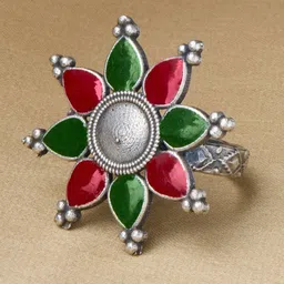 Priyaasi Silver-Plated Stone Studded Oxidized Meenakari Finger Ring-15