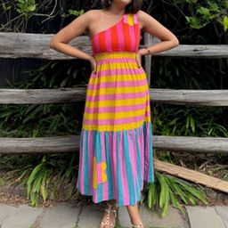 Label Tanvee Colourblocked One Shoulder Applique Fit & Flare Midi Dress-image-27