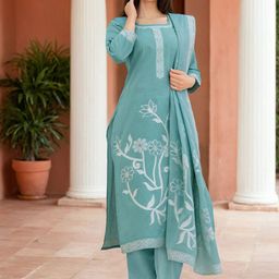 Skylee Pop Women Floral Woven Design Kurta With Trousers & Dupatta-image-75