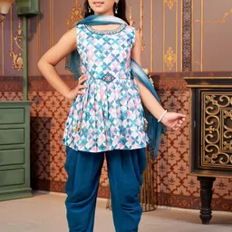 Sangria Girls Floral Printed Round Neck Cotton A-Line Kurta & Patiala With Dupatta-picture-4