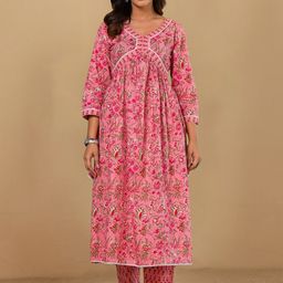 House of Pataudi Floral Printed V-Neck A-Line Kurta With Trousers & Dupatta-image-44