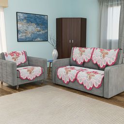 Kuber Industries White & Red Printed Cotton Sofa Cover-92
