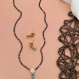 ABDESIGNS Gold-Plated American Diamond Studded & Beaded Mangalsutra With Earrings-8