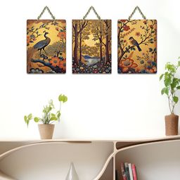 ArtVibes Blue & Beige 3 Pieces Sunset Garden Printed Wooden Hanging Wall Arts-image-72