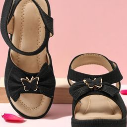 Freeplay Girls Black & Gold-Plated Butterfly Wedge Sandals-image-67