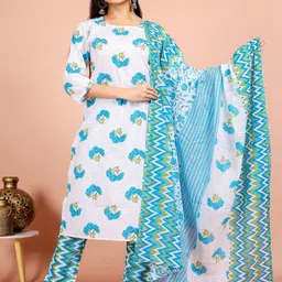 Rudra Bazaar Women Floral Printed Pure Cotton Kurta with Trousers & Dupatta-image-26