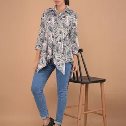 Crimsoune Club Women Abstract Printed Peplum Shirt Collar Top-image-64