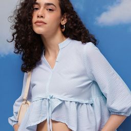 CORSICA Striped Mandarin Collar Empire Crop Top-picture-24