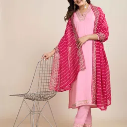 KALINI Women Pink Viscose Rayon Embroidered Straight Kurta with Pant and Dupatta-picture-5