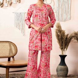 Peachmode Floral Printed V-Neck Pure Cotton Tunic With Trousers-image-30