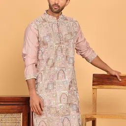 Jompers Floral Embroidered Mandarin Collar Sequinned Cotton Silk Straight Kurta-image-81