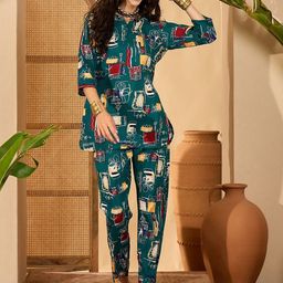 Sangria Printed Cotton Tunic With Trousers Co-Ords-picture-17