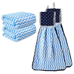 Kuber Industries Blue & White 4 Pieces Printed Towels & Wash Basin Napkin Set-7