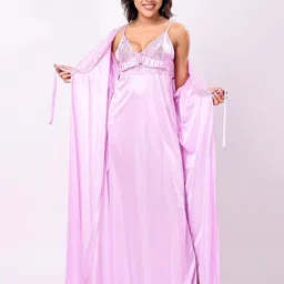 Night Keys Women Lavender Soild Satin Night Dress With Robe-image-89