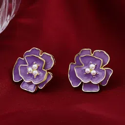 KRENOZ Gold-Plated Artificial Stones & Pearls Studded Floral Studs Earrings-image-38