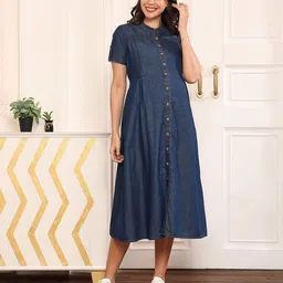 MomToBe Women Cotton Dark Blue Maternity Denim A-line Midi Dress-image-5