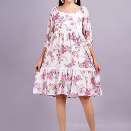HIGHLIGHT FASHION EXPORT Women Floral Printed Puff Sleeves Fit & Flare Knee Length Dress-image-91