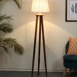 tu casa Off White Metal and Fabric Shade Tripod Floor Lamp With Mango wood Base-picture-26